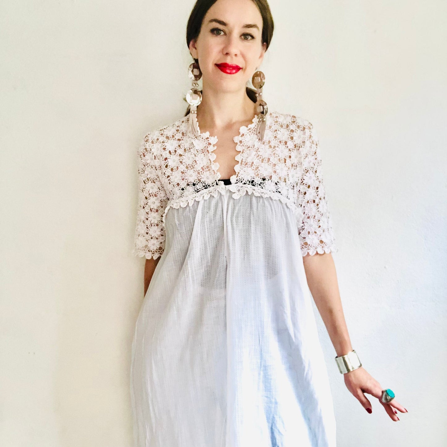 30'S VINTAGE WHITE CROCHET LINGERIE DRESS // SIZE MEDIUM