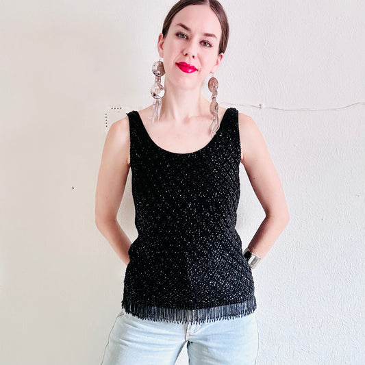 60s VINTAGE BLACK SEQUINED TOP // SIZE MEDIUM