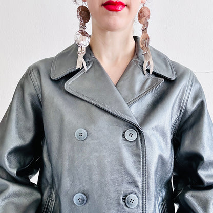 90'S VINTAGE SILVER LEATHER JACKET // SIZE MEDIUM