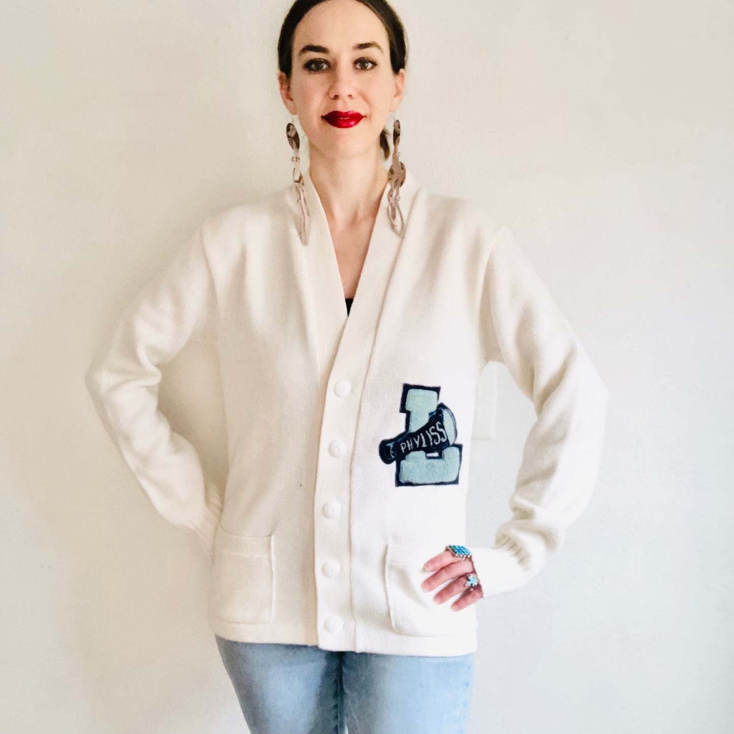 50'S VINTAGE WHITE LETTERMAN’S SWEATER // SIZE MEDIUM