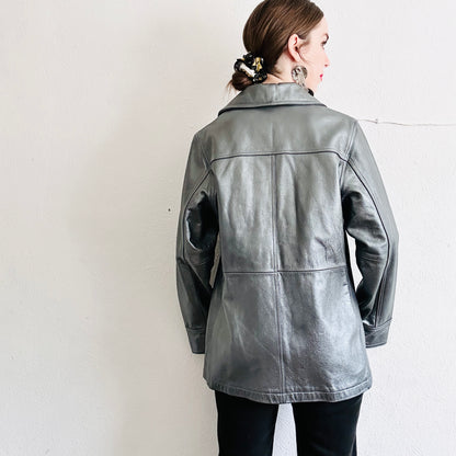 90'S VINTAGE SILVER LEATHER JACKET // SIZE MEDIUM