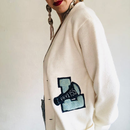 50'S VINTAGE WHITE LETTERMAN’S SWEATER // SIZE MEDIUM